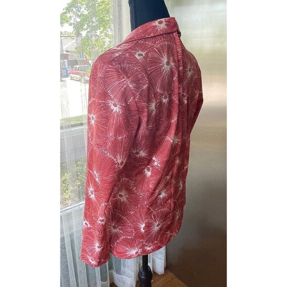 Vintage 1970s top, red and white abstract floral pattern, long sleeves blouse - Picture 4 of 10